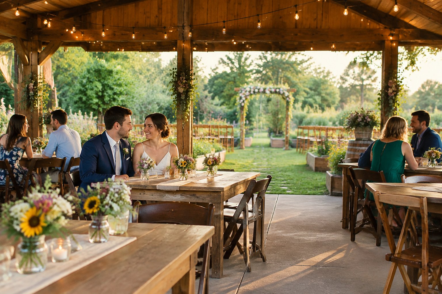 A couple and guests gather for a small wedding reception in a garden pavilion.
