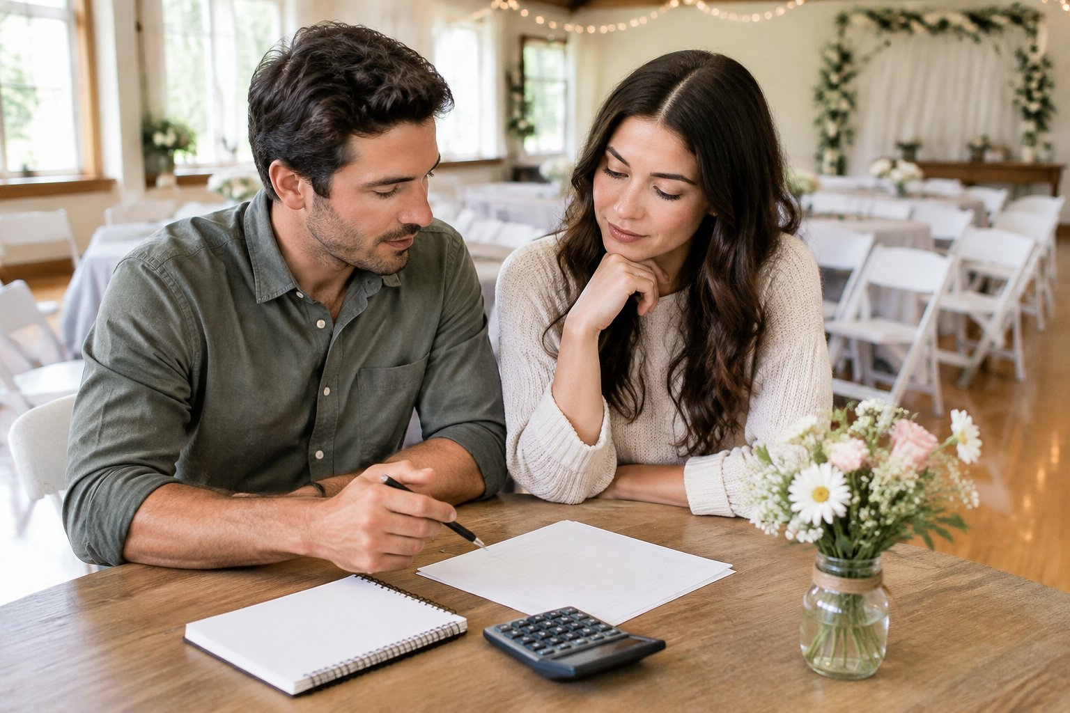 A couple reviews wedding venue expenses at a table in a modest decorated hall.