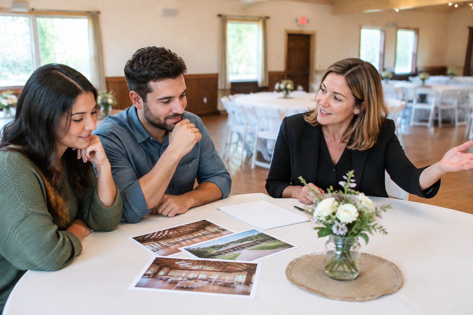 A couple reviews wedding venue options with a coordinator in a modest event hall.