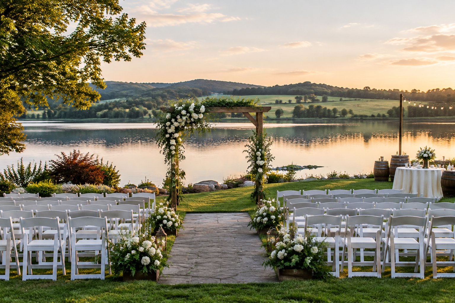 An outdoor wedding ceremony setup beside a lake.