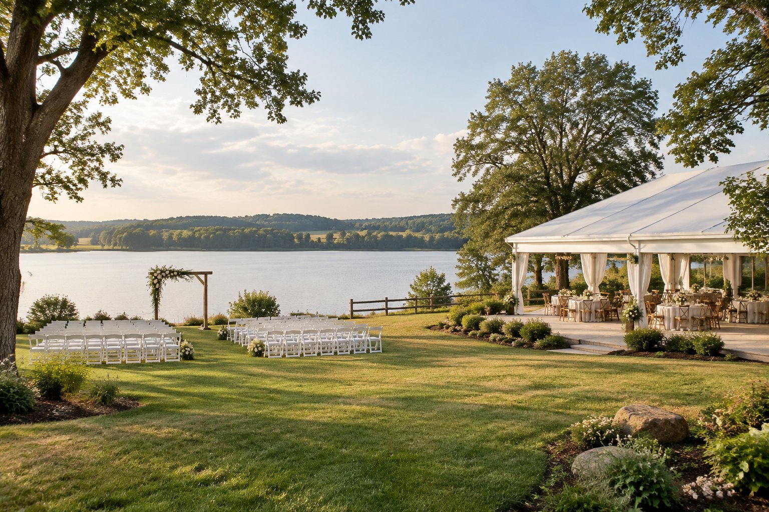 A lakeside wedding ceremony lawn and reception pavilion beside a calm lake.