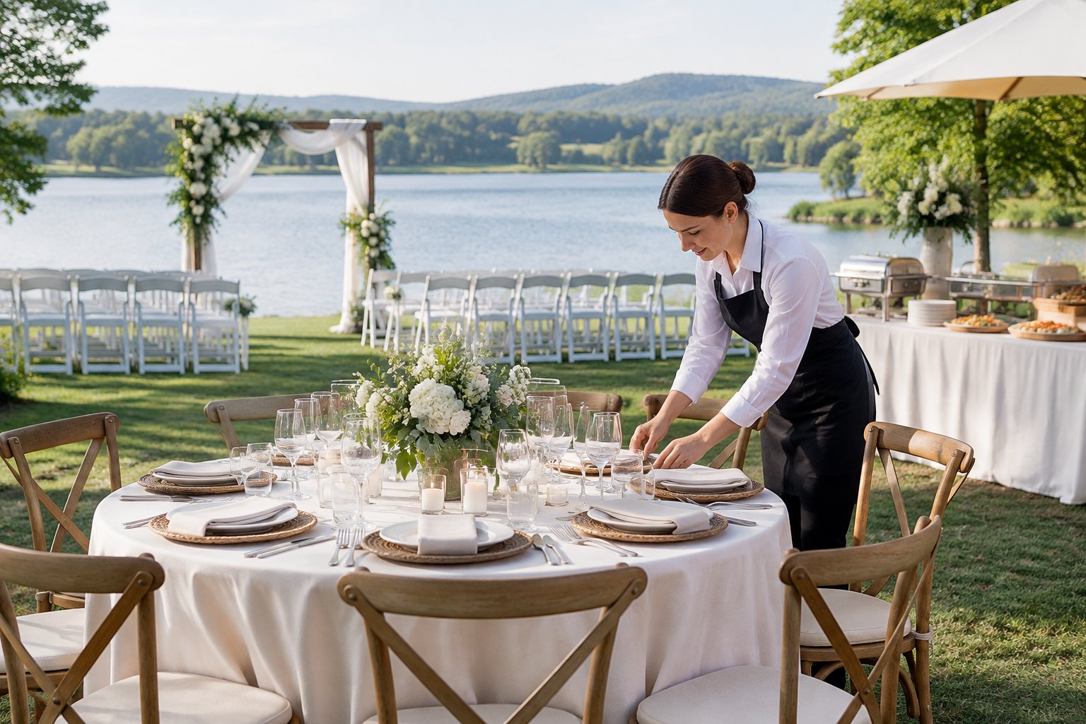 A lakeside wedding reception table with a ceremony setup and the lake in the background.