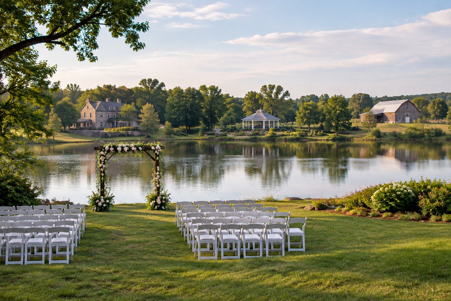 A lakeside wedding ceremony setup with a historic inn, garden pavilion, and barn nearby.