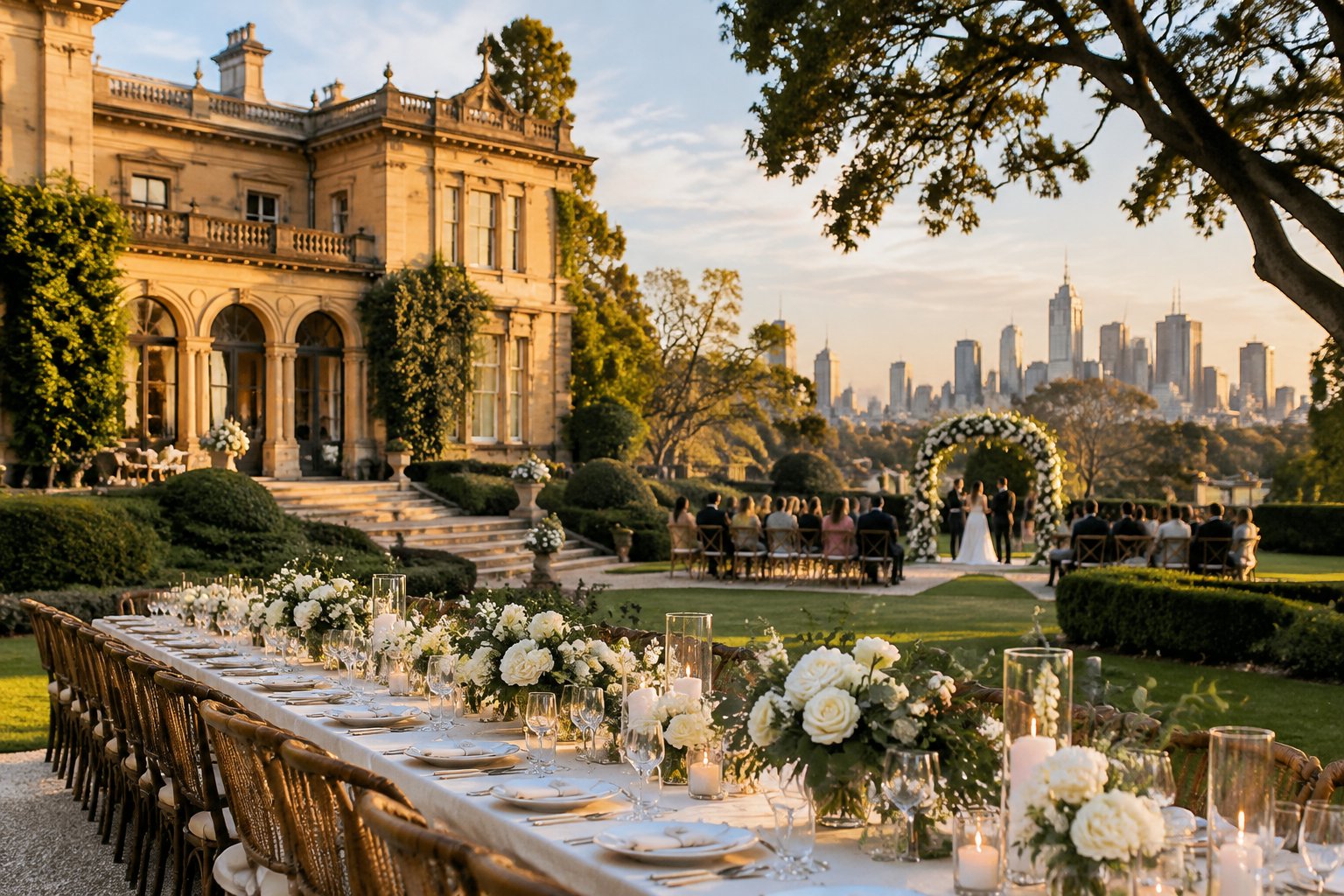 An elegant wedding reception in a landscaped garden beside a grand estate.