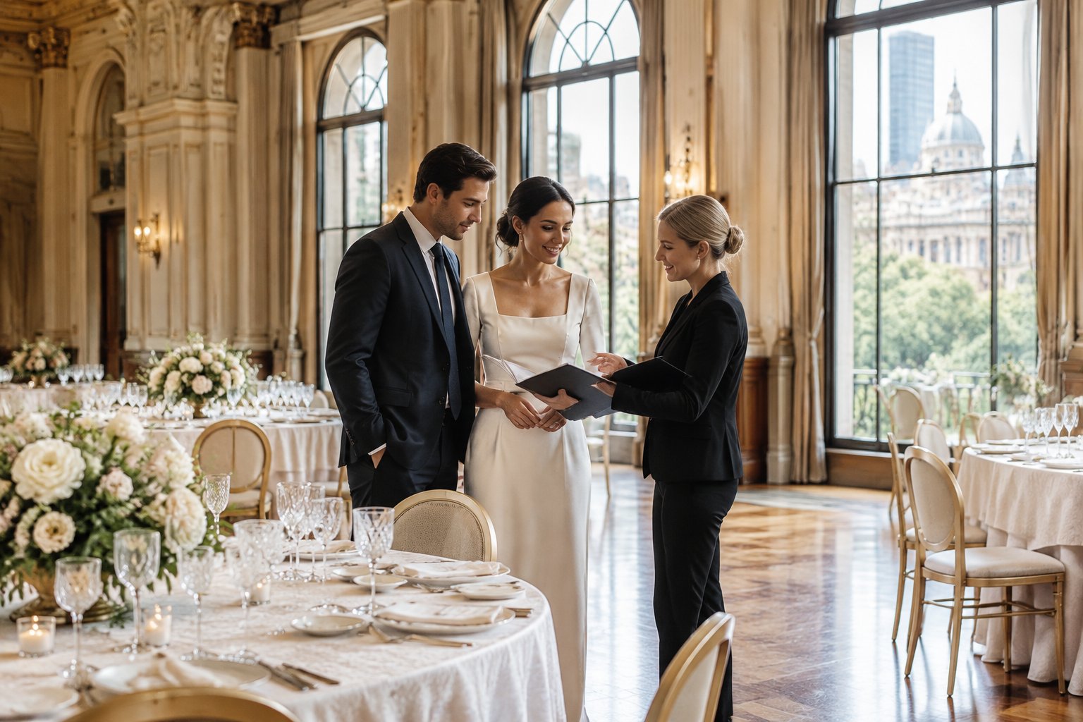 A couple and wedding planner discuss options in an elegant wedding venue.
