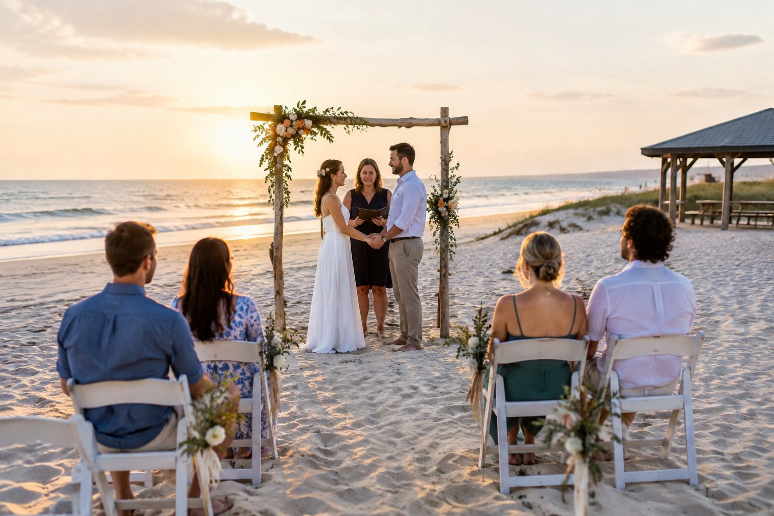 A couple exchanges vows beneath a simple flower-decorated arch on a beach as guests watch.