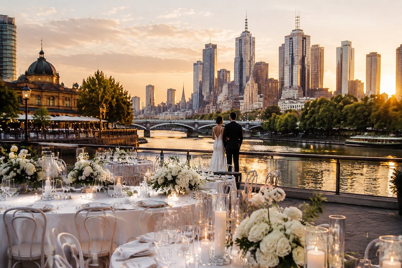 A wedding reception terrace beside the Yarra River with Melbourne’s skyline in the background.