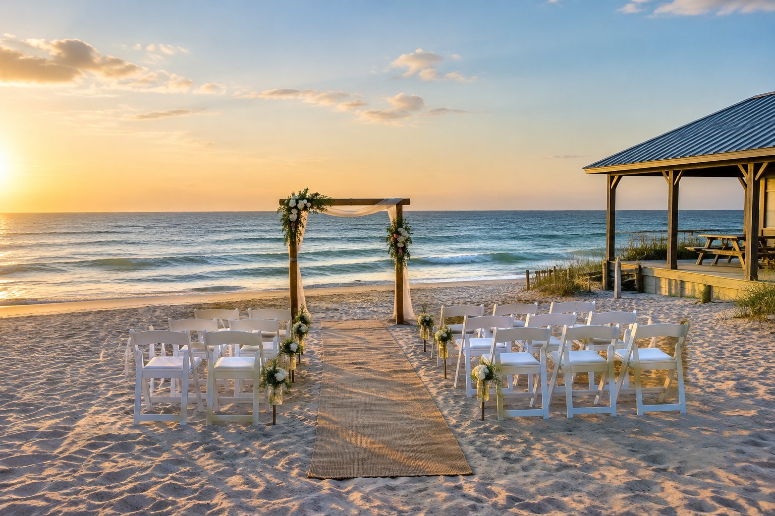 A simple wedding ceremony setup on a beach beside the ocean.