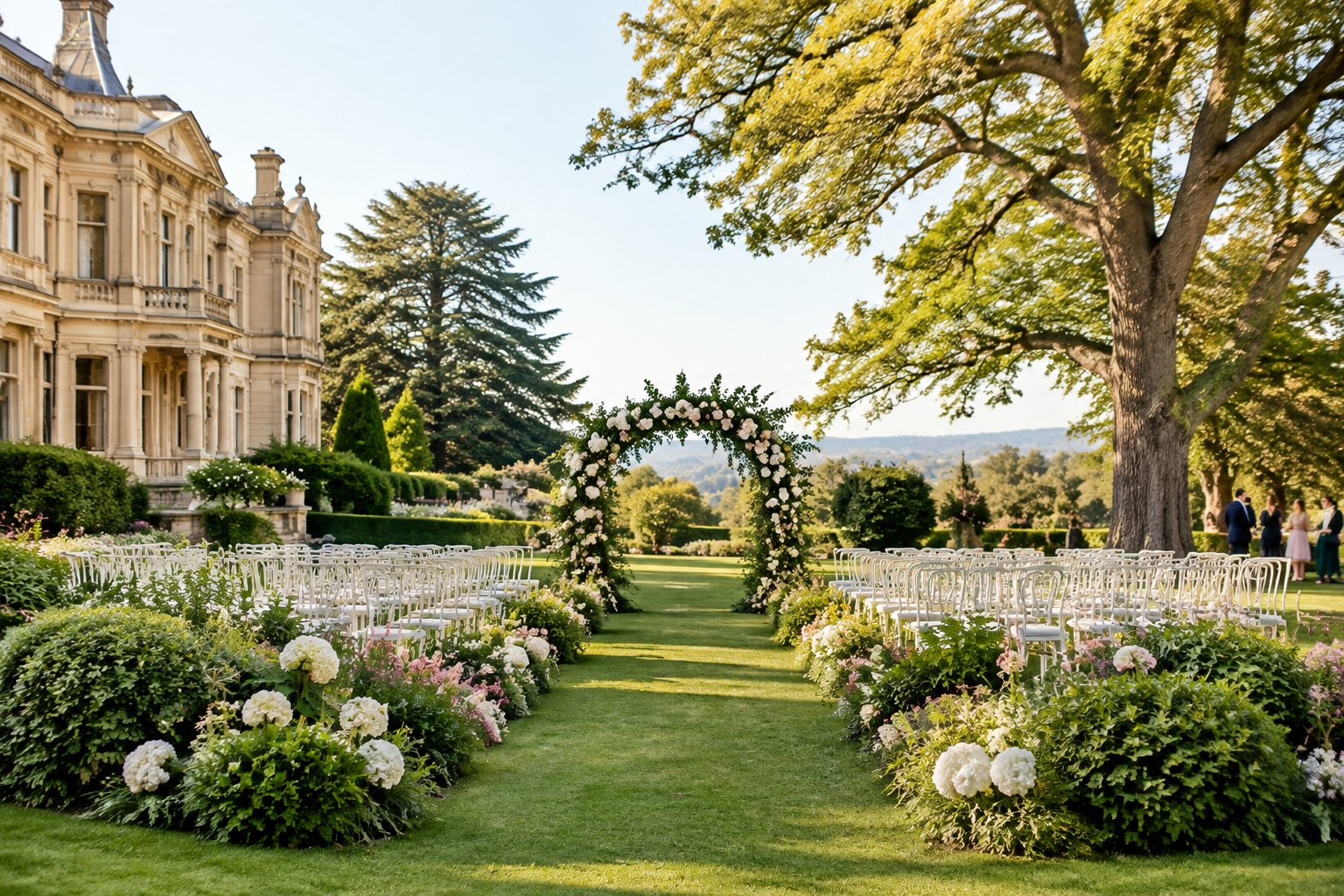 A flower-lined wedding aisle in the garden of a grand estate.