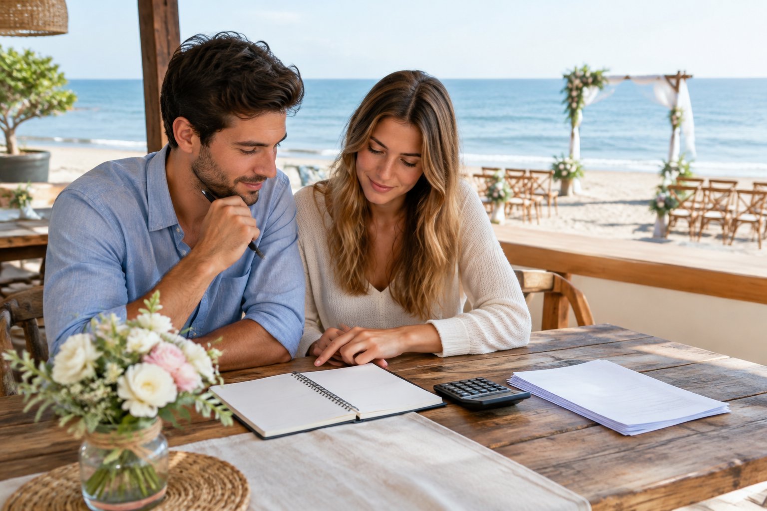 A couple reviews wedding plans at a seaside terrace overlooking the beach.
