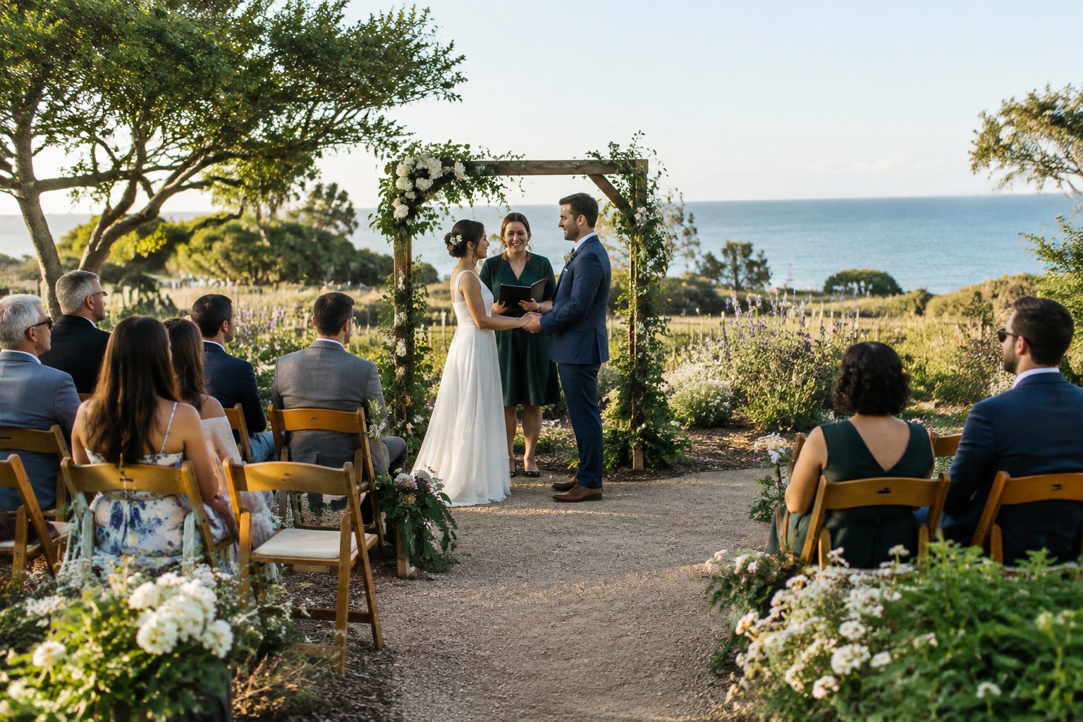 A couple exchanges vows beneath a flowered arch in a garden near the ocean.