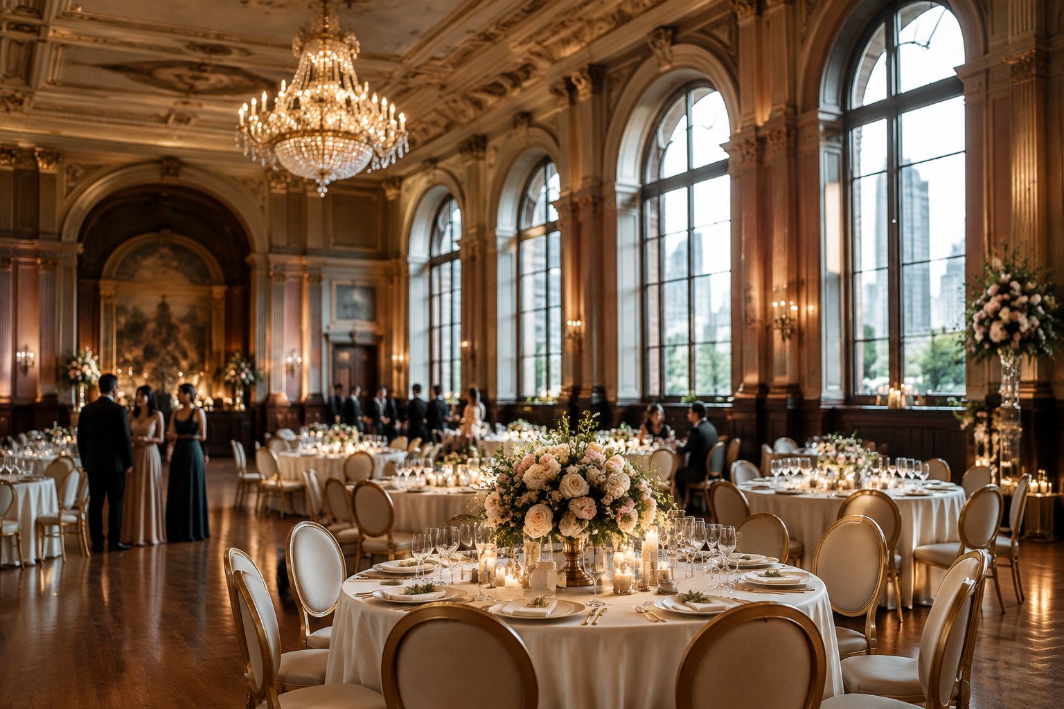 Guests gather around decorated tables in an elegant wedding reception hall.