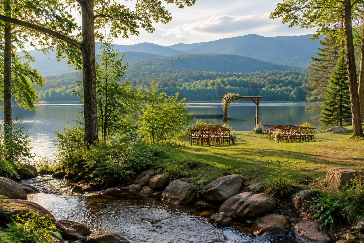 A wedding ceremony setup beside a mountain lake and flowing creek.