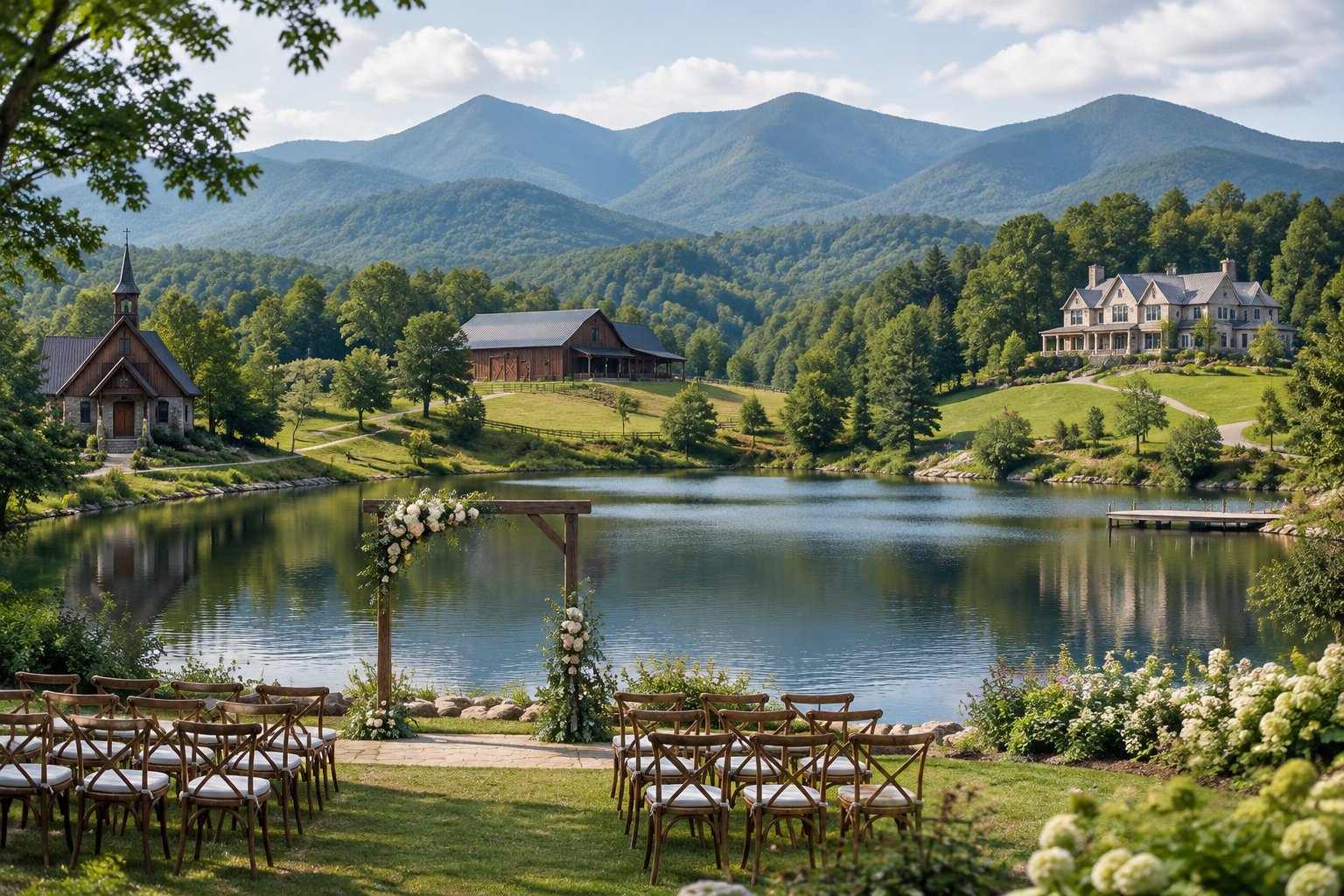 A lakeside wedding setting with a chapel, barn, and estate near the Smoky Mountains.
