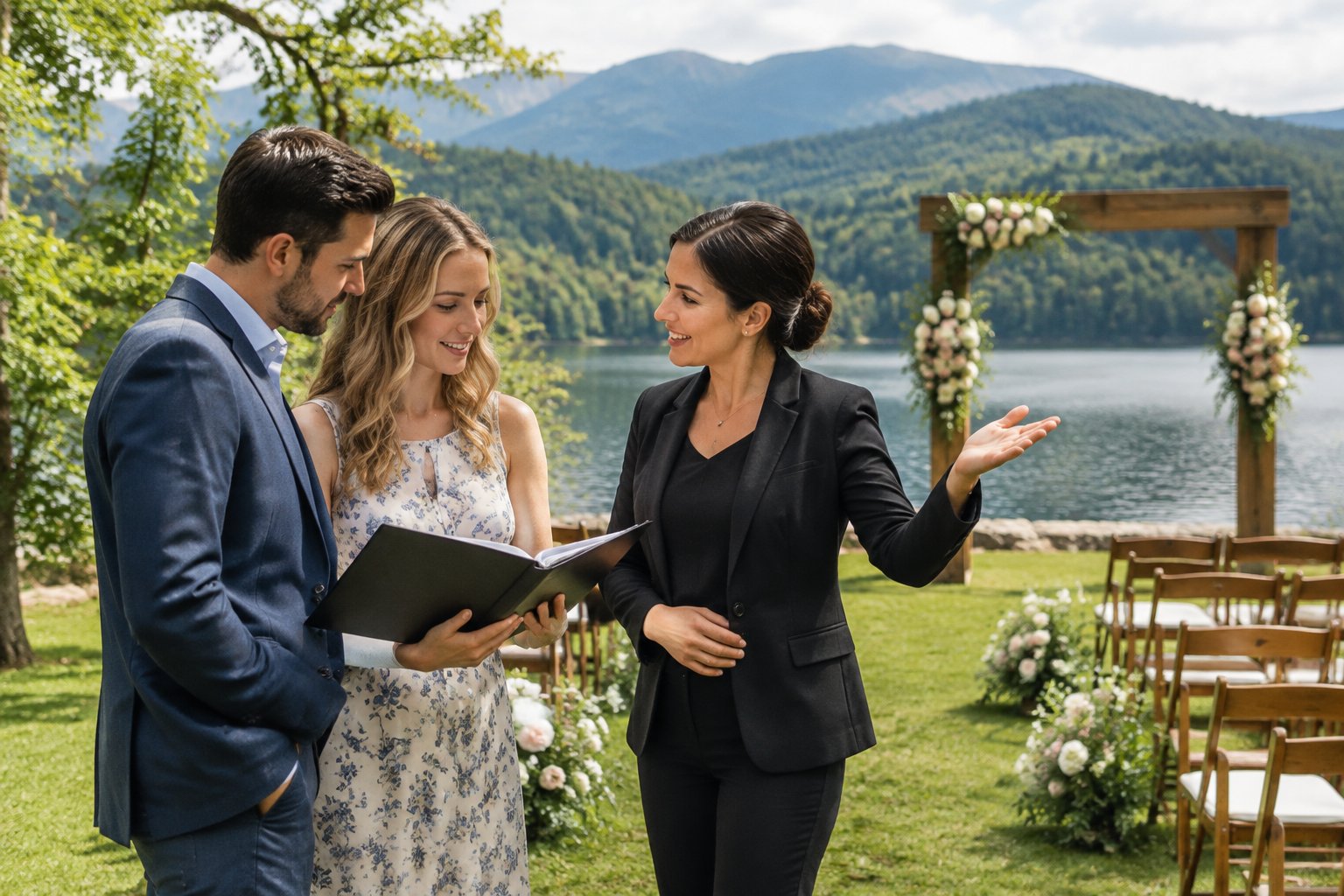 A couple talks with a venue coordinator beside a lakeside wedding ceremony area in the mountains.