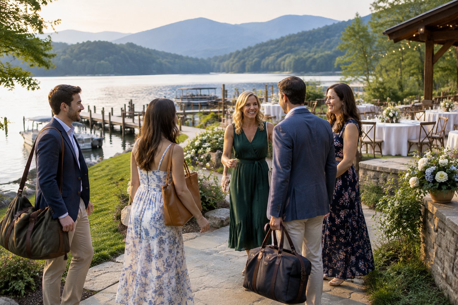 Wedding guests greet one another beside a lake with mountains in the background.