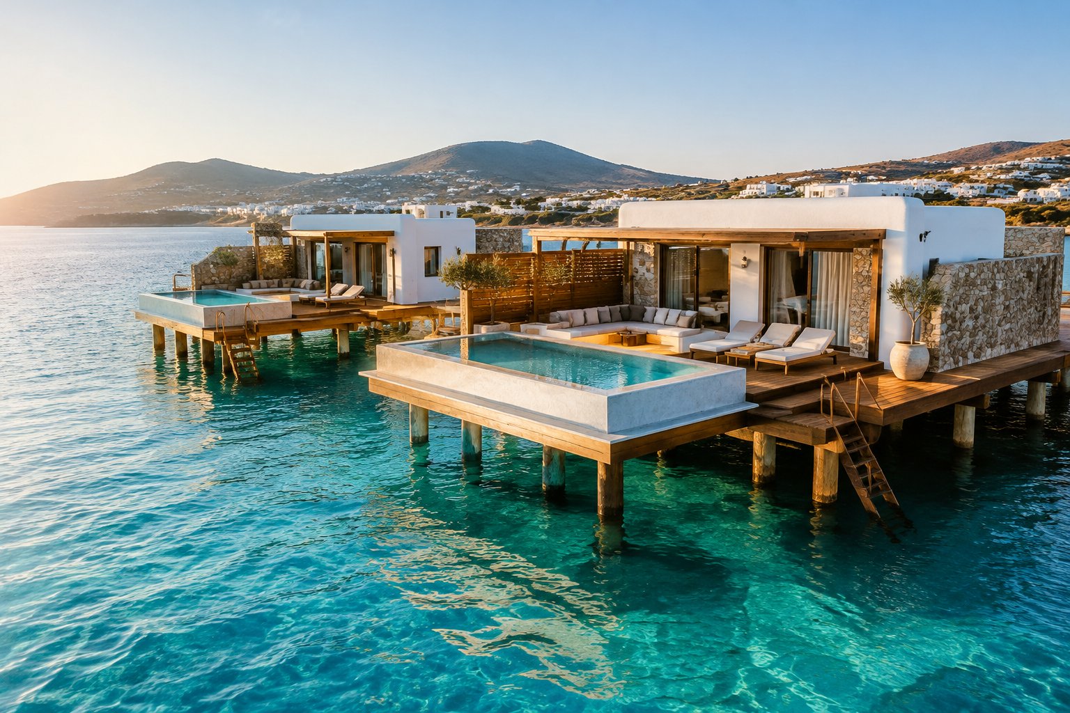 White villas on stilts above clear turquoise water, with the Greek coastline in the distance.