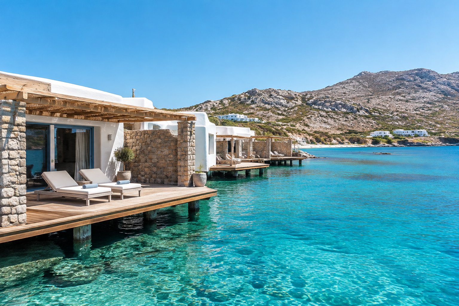 White seaside bungalows stand above clear turquoise water beside a rocky Greek island.