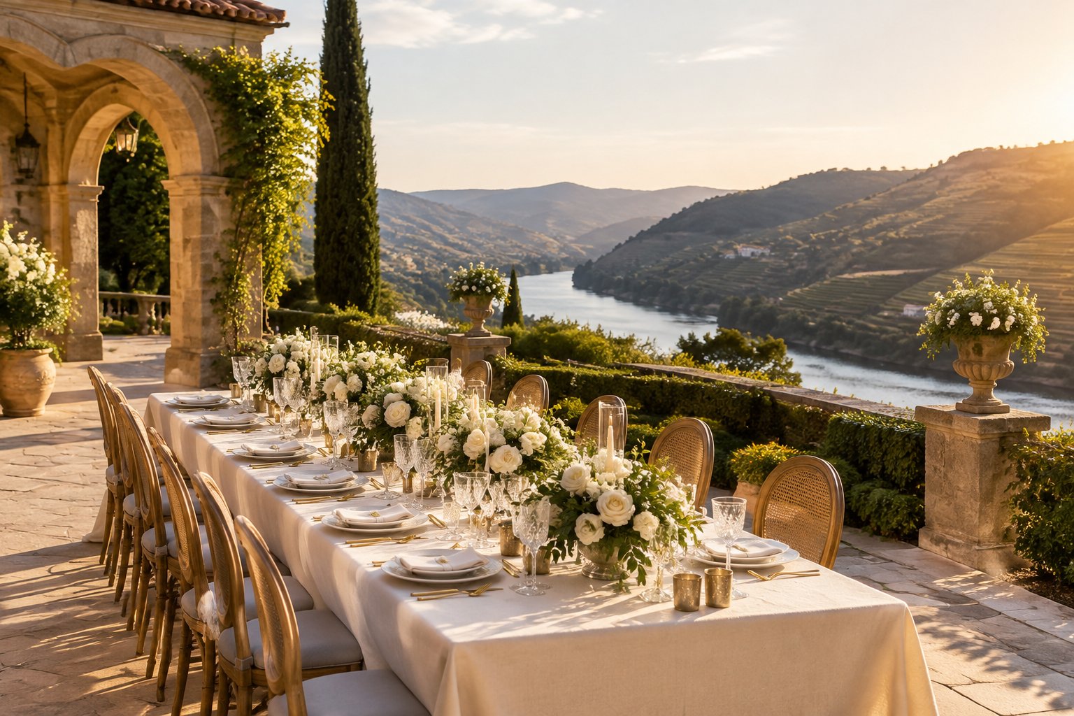 An elegant wedding reception terrace overlooks vineyards and a river.