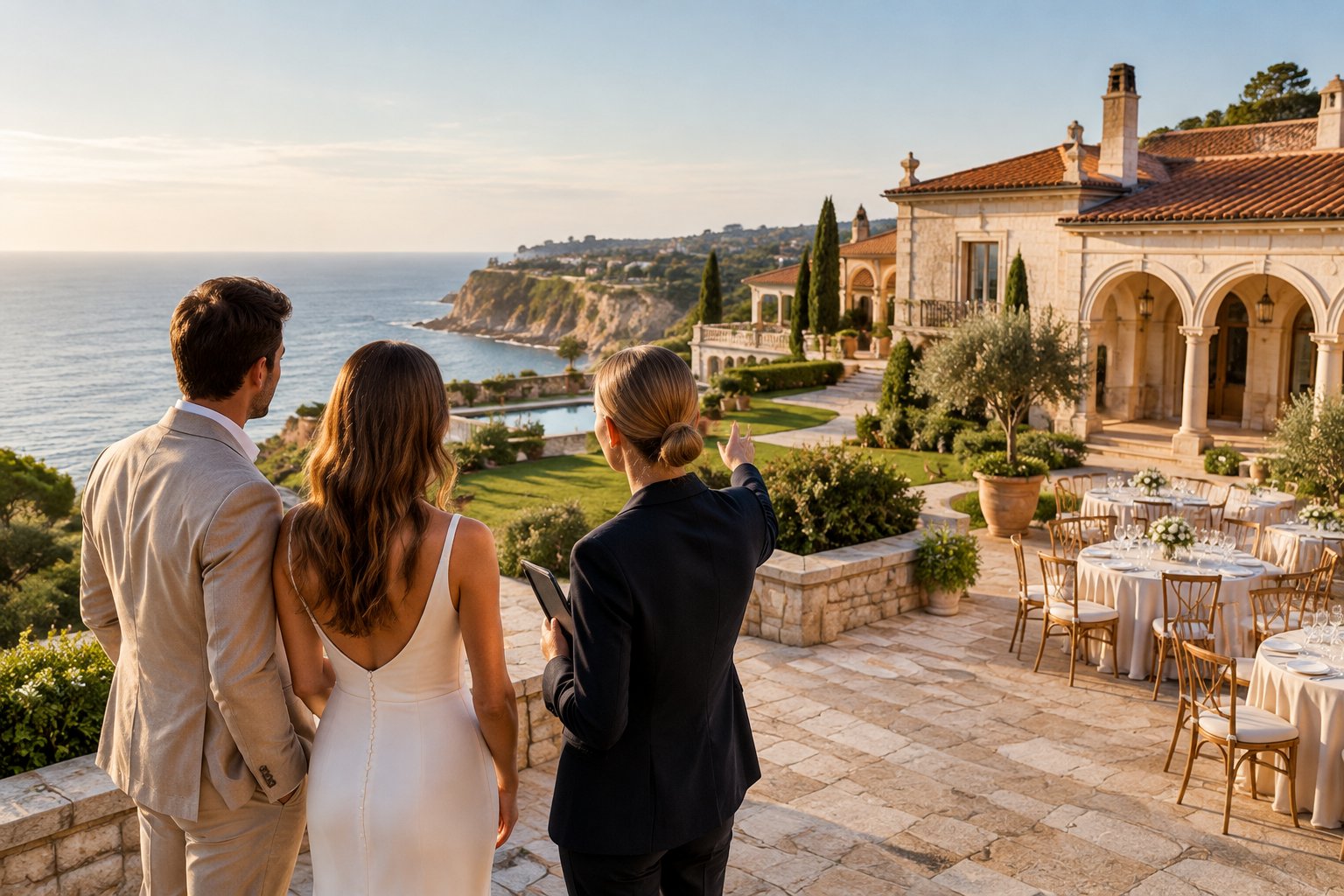 A couple and wedding planner survey a coastal estate in Portugal.