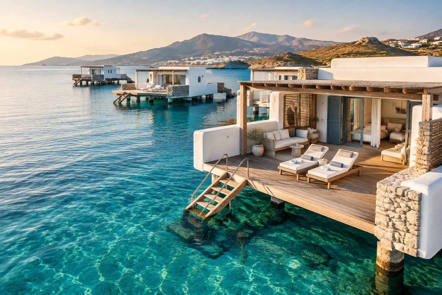 Luxury overwater bungalows with private decks above the turquoise sea near a Greek island.