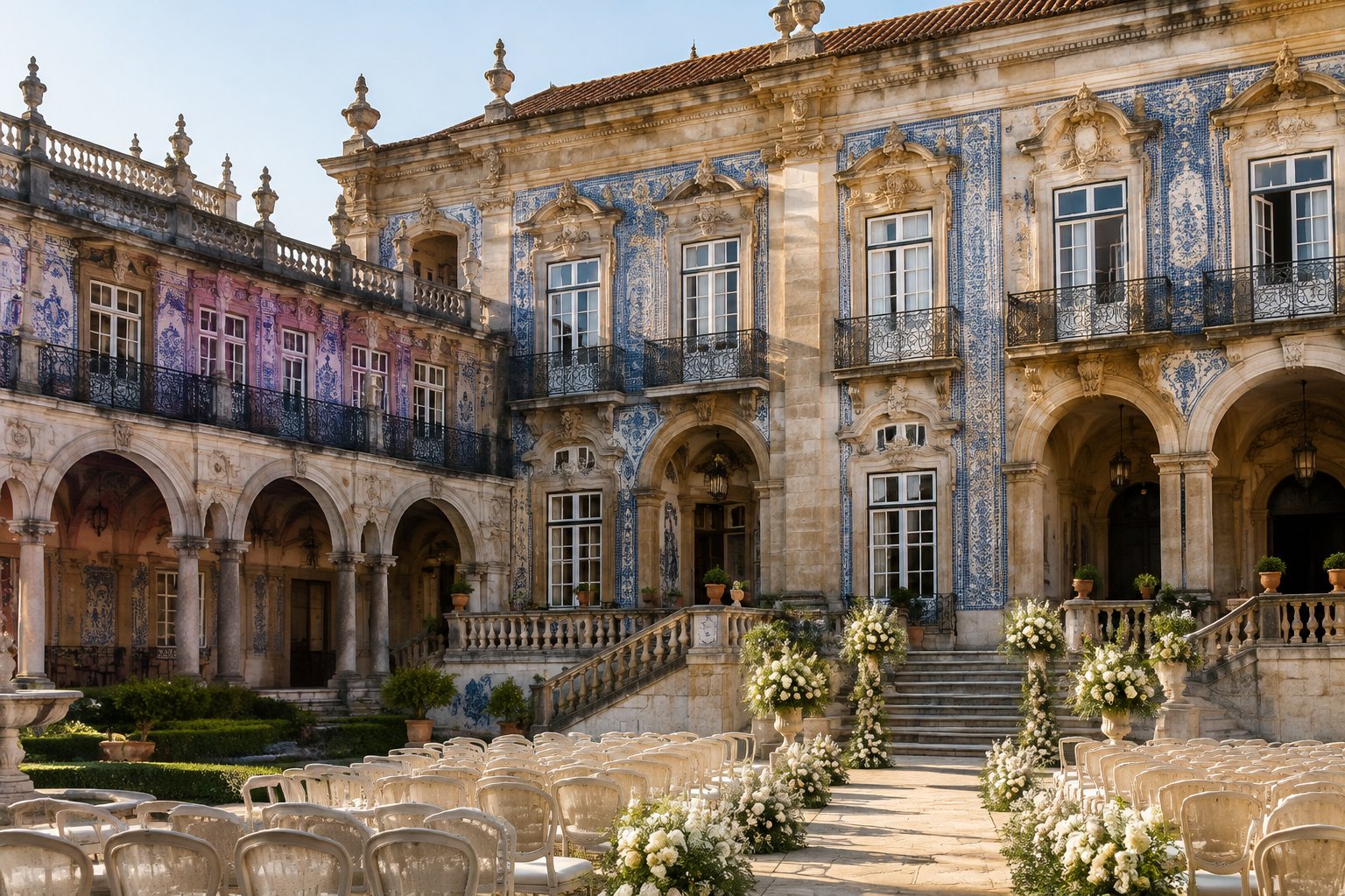 A wedding ceremony setup in the courtyard of a historic Portuguese palace.