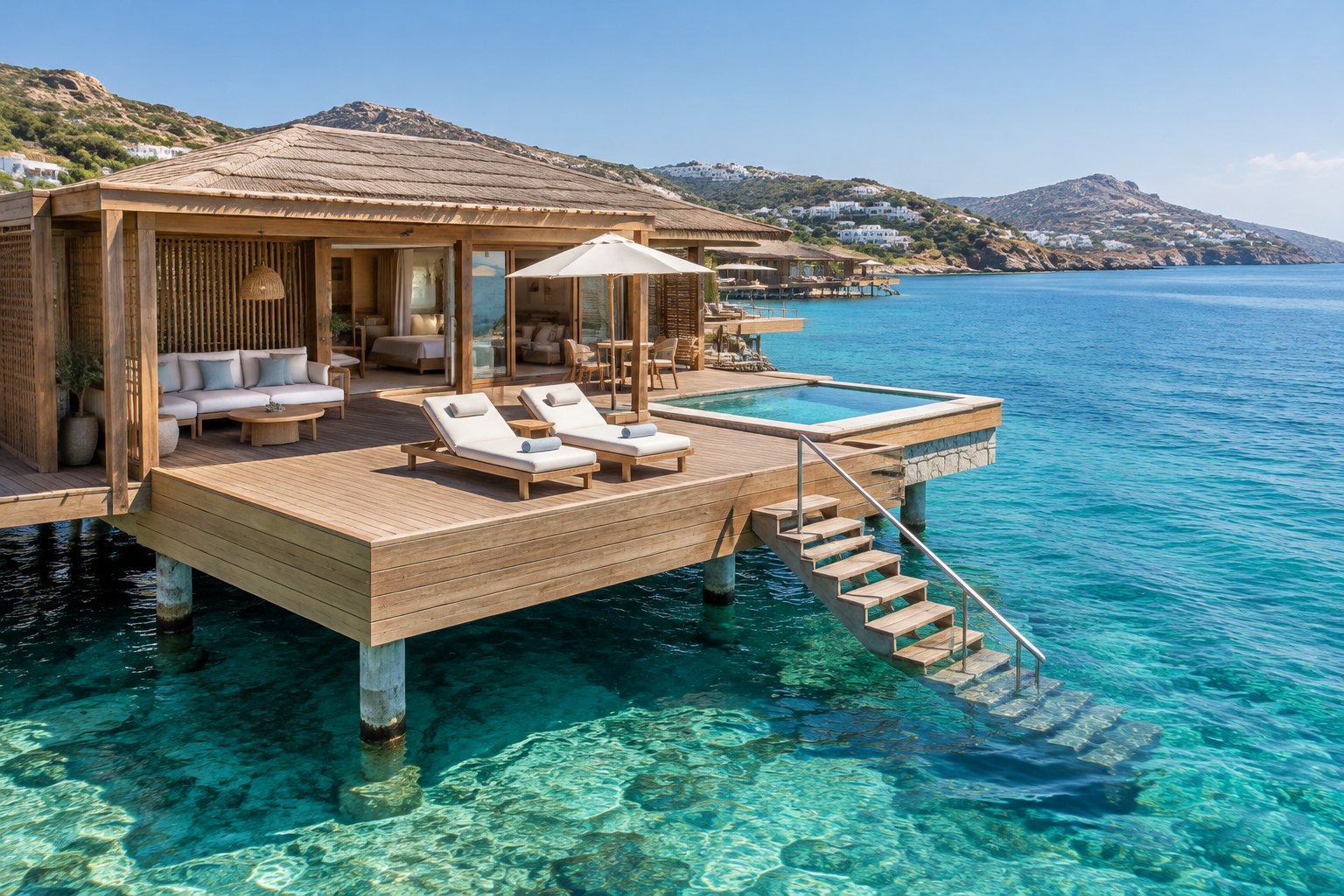 A wooden bungalow stands above clear turquoise water near a Greek island.