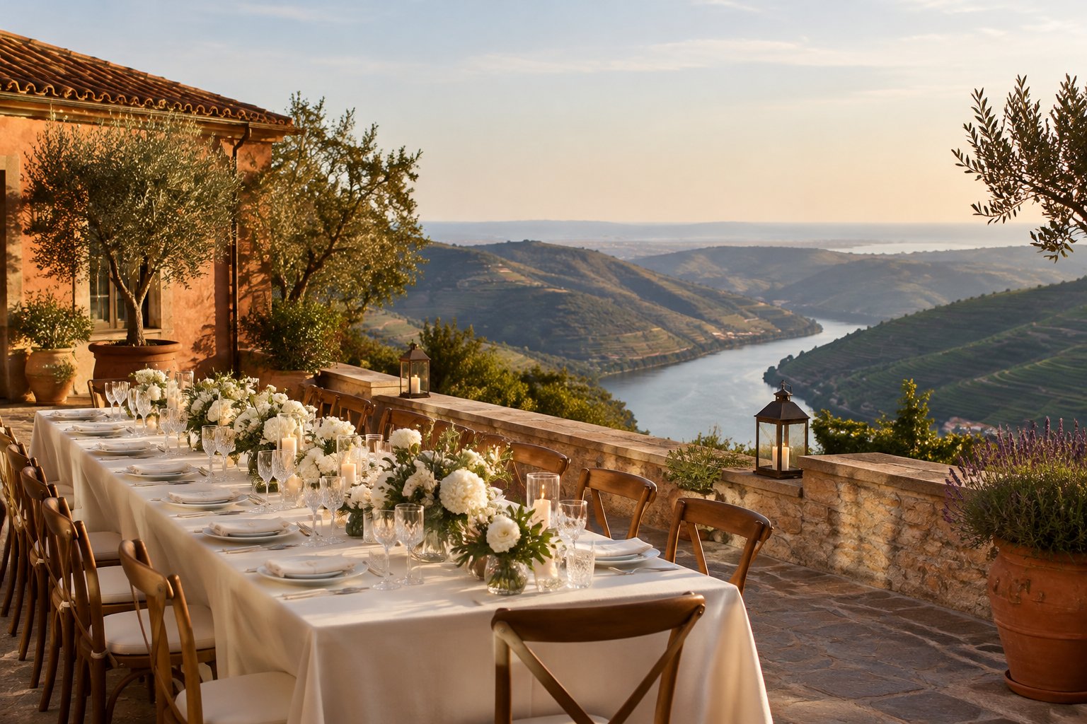 An elegant wedding reception overlooking vineyards and a river in Portugal.
