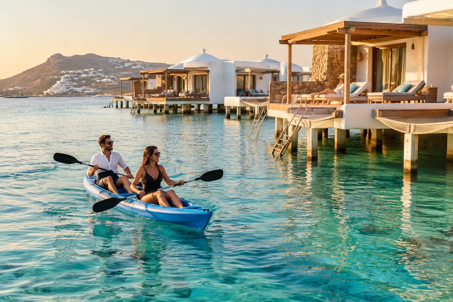A couple kayaks across a turquoise lagoon beside overwater bungalows.