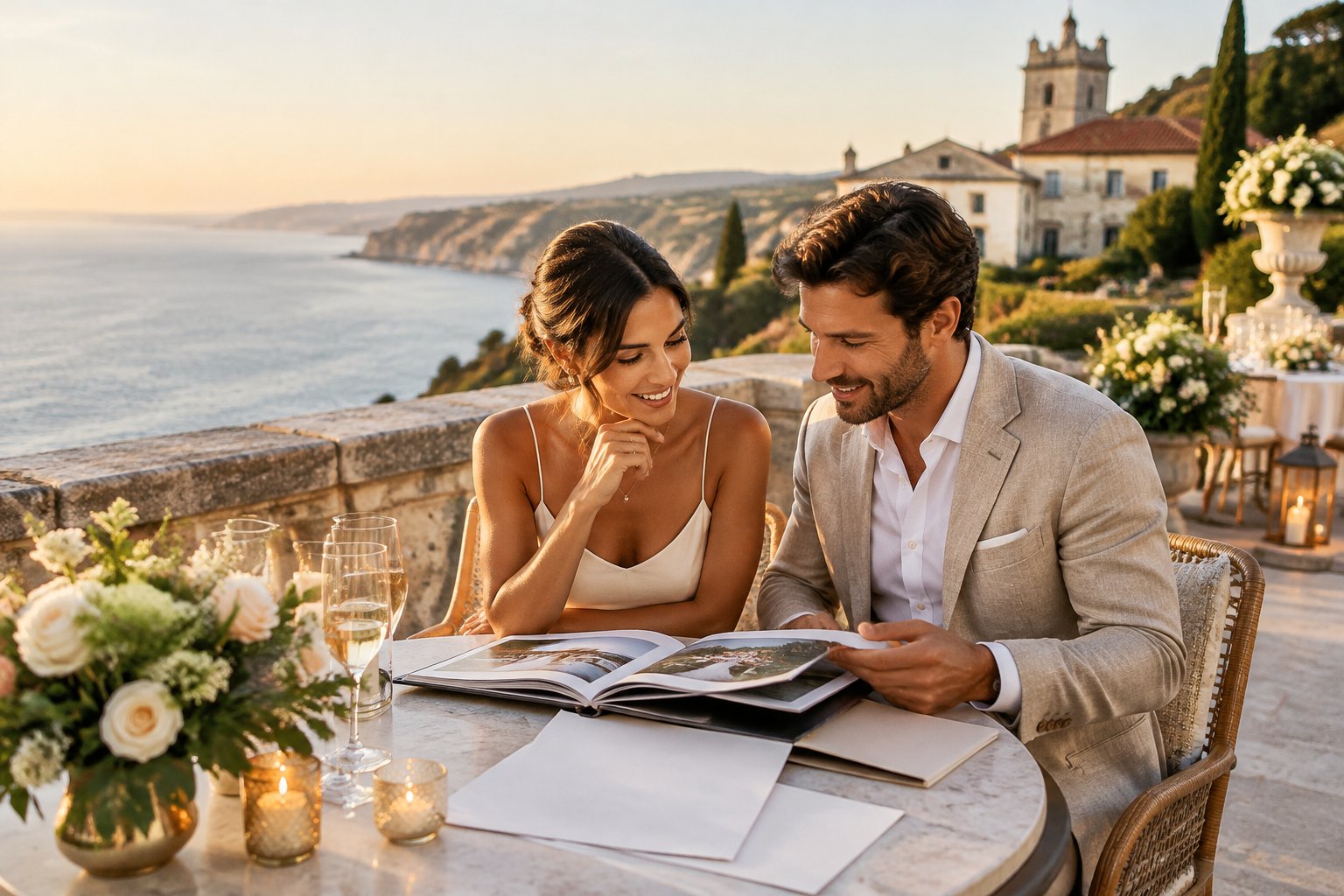 A couple reviews wedding plans at a seaside venue in Portugal.