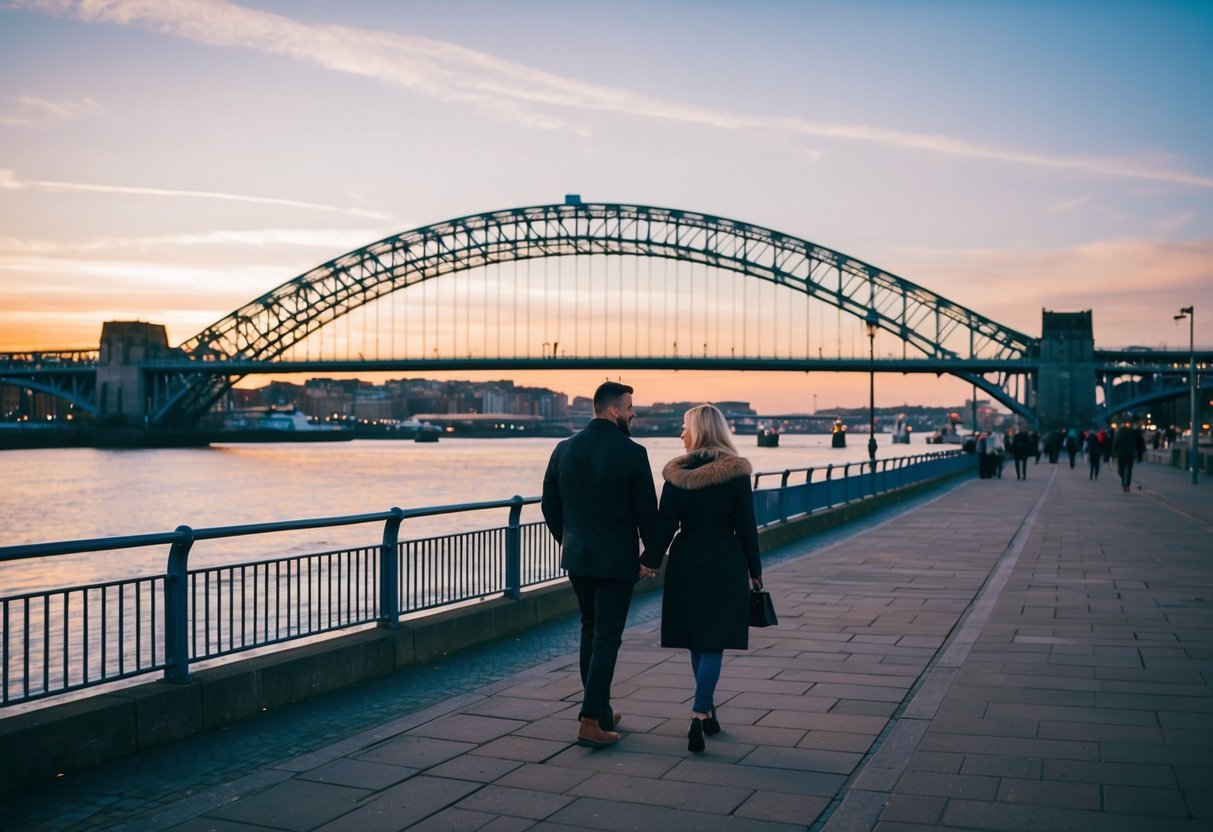 A couple strolling along the River Tyne at sunset, with the iconic Tyne Bridge and the Newcastle skyline in the background