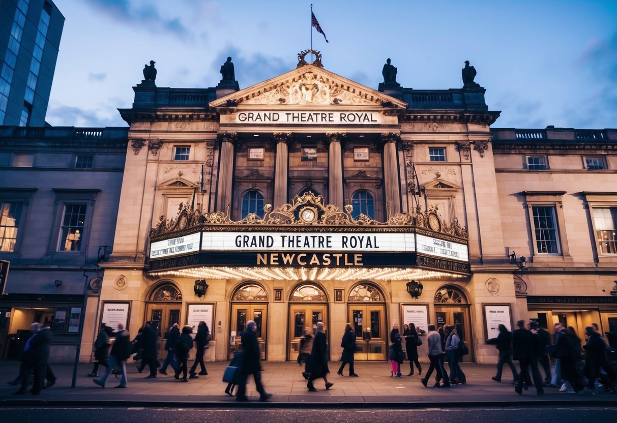 The grand Theatre Royal in Newcastle, with its ornate facade and marquee, is bustling with people arriving for an evening play