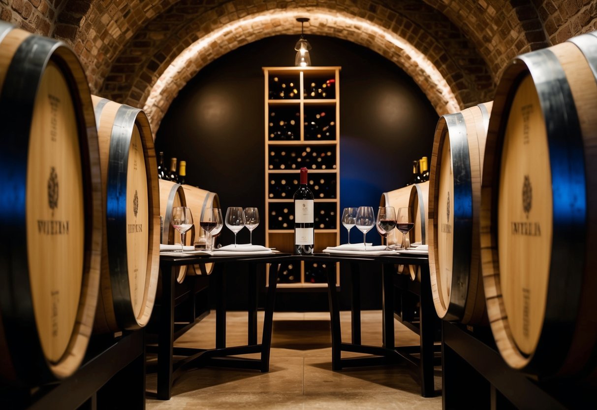 A cozy wine cellar with dim lighting, wooden barrels, and elegant tasting tables set with glasses and bottles of wine