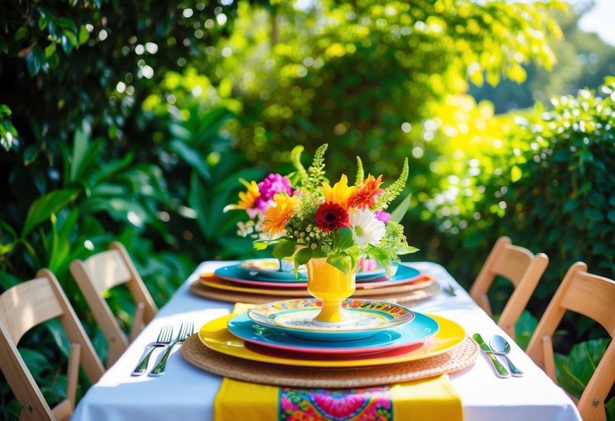 A table set with colorful plates and fresh flowers, surrounded by lush greenery and dappled sunlight