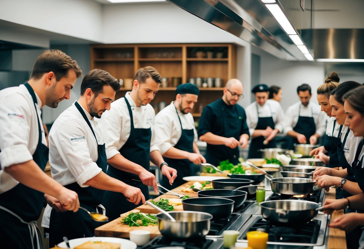 A bustling cookery class at Blackfriars, with chefs demonstrating and participants eagerly following along
