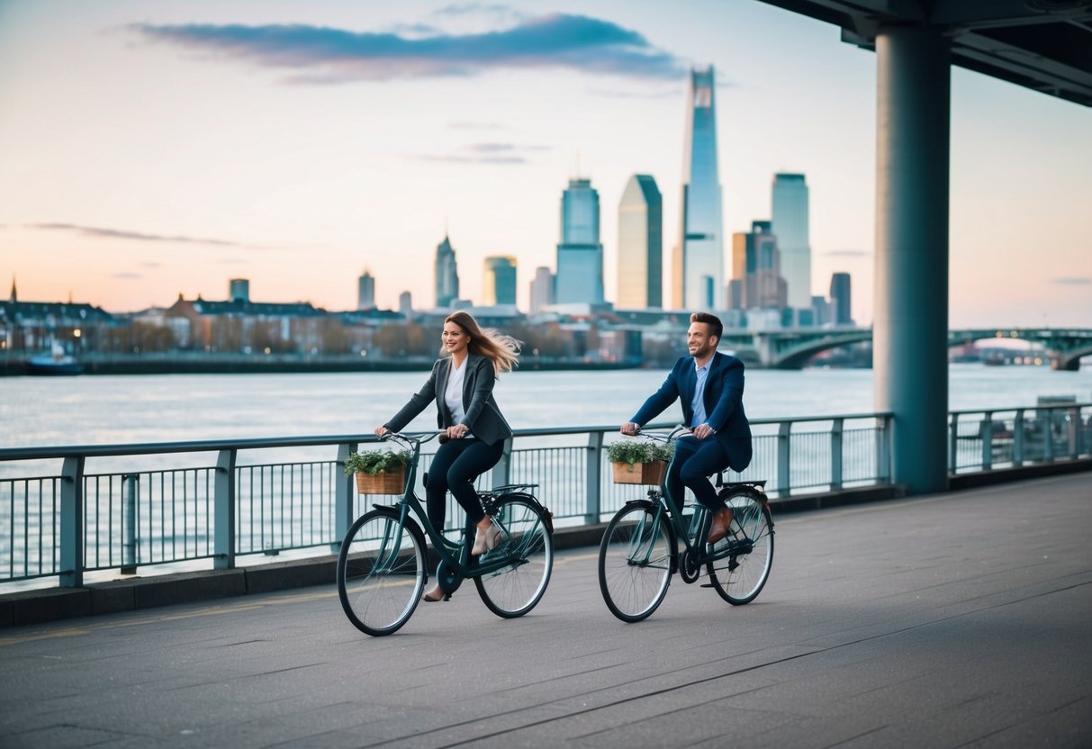 A couple rides bicycles along the Quayside, passing by the river and enjoying the city skyline