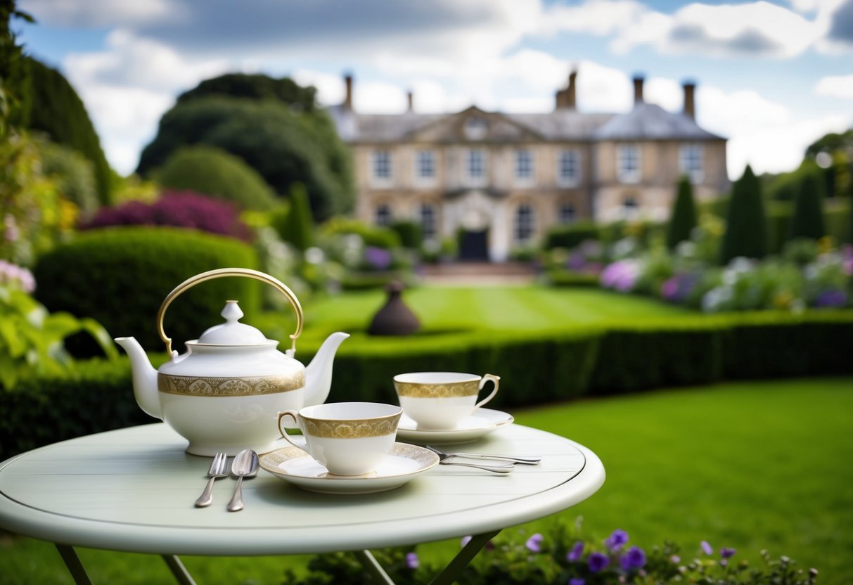 A cozy tea set on a table in a lush garden at Jesmond Dene House, with a view of the historic building in the background
