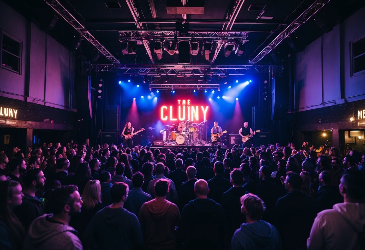A crowded venue with a stage, lights, and a band performing at The Cluny in Newcastle