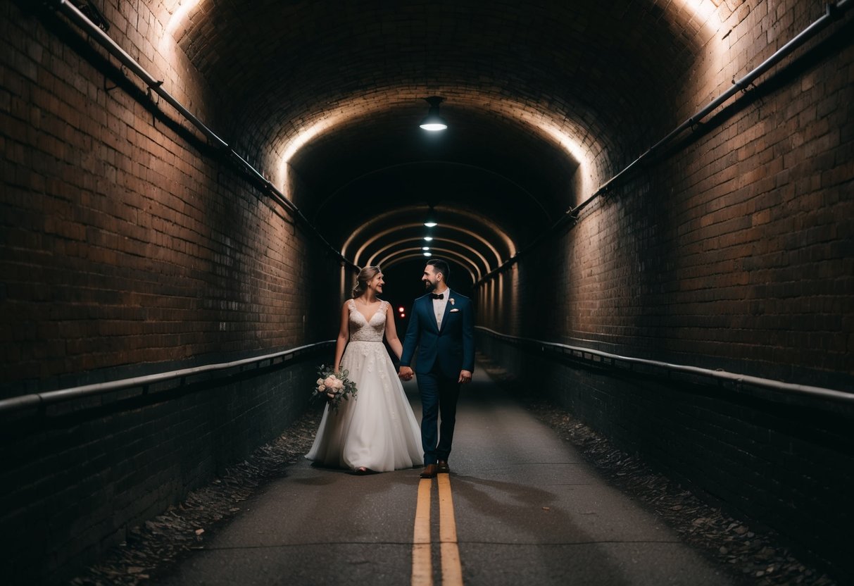 A couple walks through the dimly lit Victoria Tunnel, surrounded by old brick walls and soft lighting, creating a romantic and mysterious atmosphere