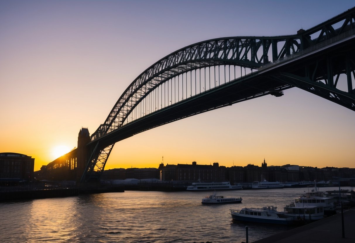 The sun sets behind the Tyne Bridge, casting a warm glow over the Newcastle Quayside. Silhouetted buildings and boats line the riverbank