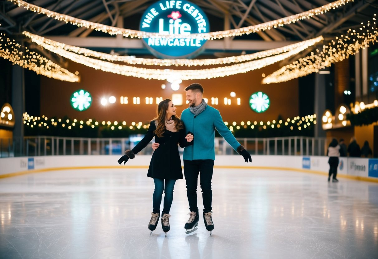 A couple gracefully ice skate at the Life Centre in Newcastle, surrounded by twinkling lights and a festive atmosphere