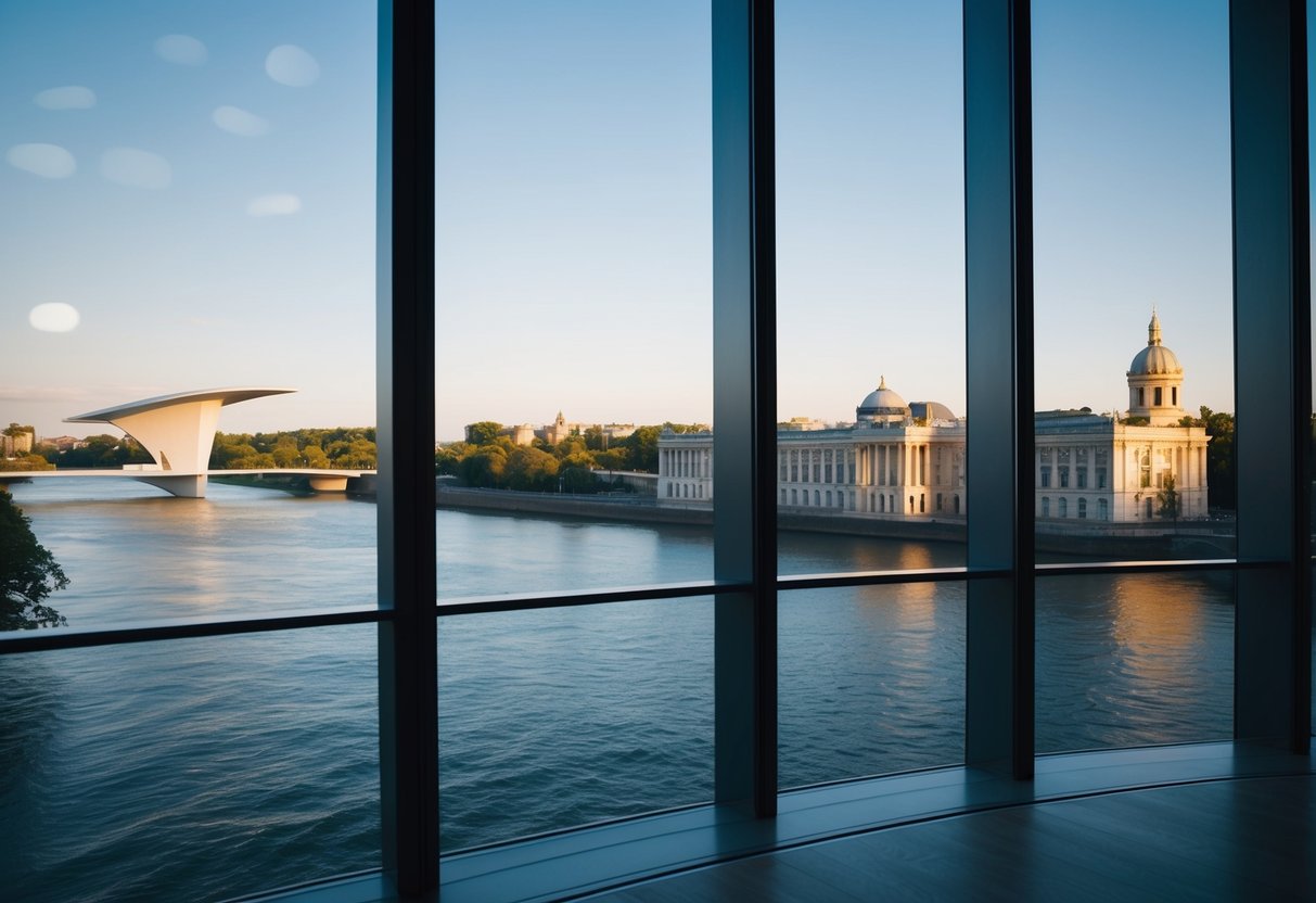 A modern art gallery with sleek architecture and large windows overlooking the river