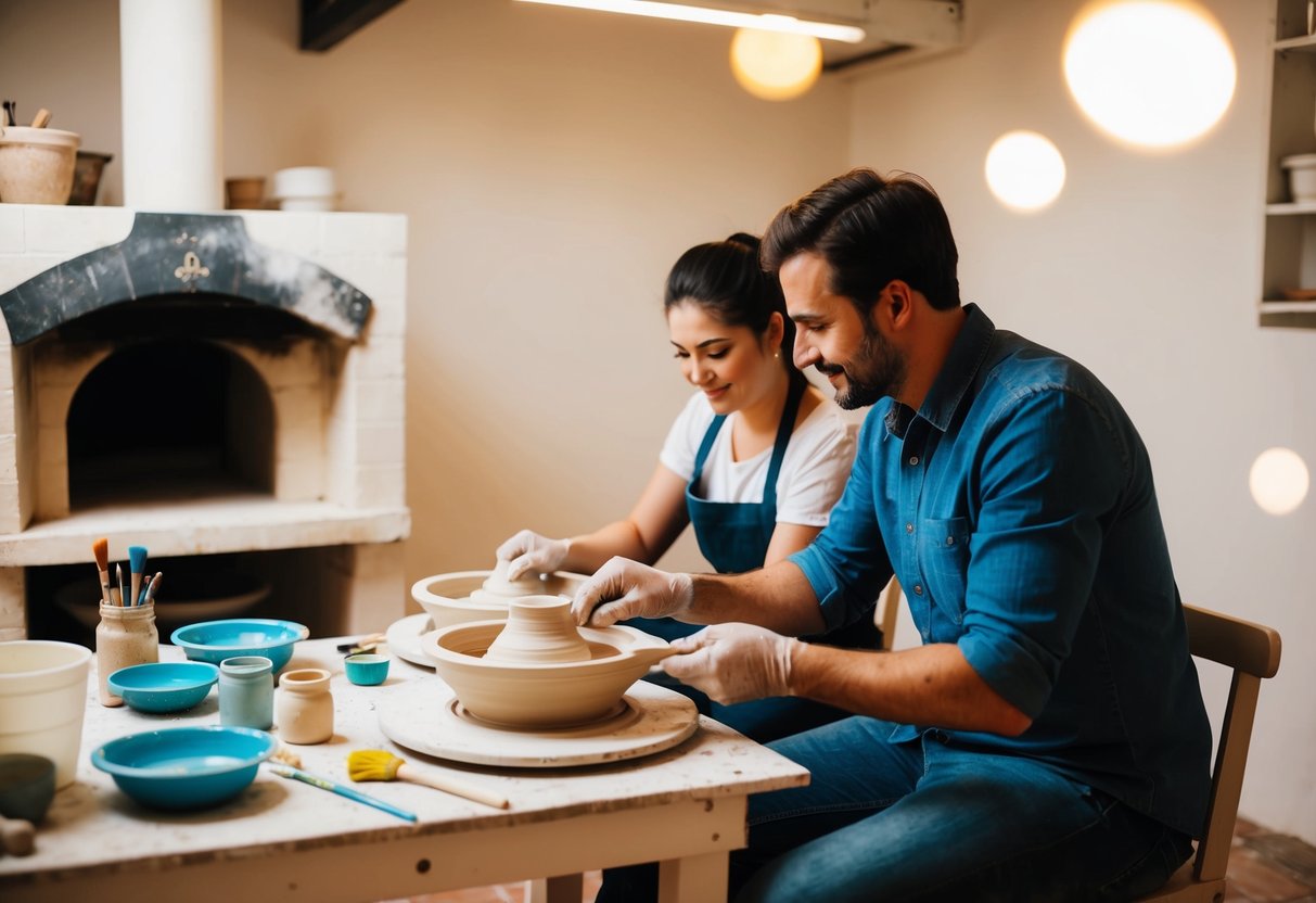 A couple sits at pottery wheels, molding clay at The Kiln studio. Paints and brushes are scattered on the table
