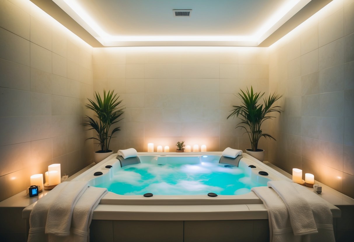 A serene spa room with soft lighting, plush robes, and a bubbling hot tub surrounded by potted plants and soothing music
