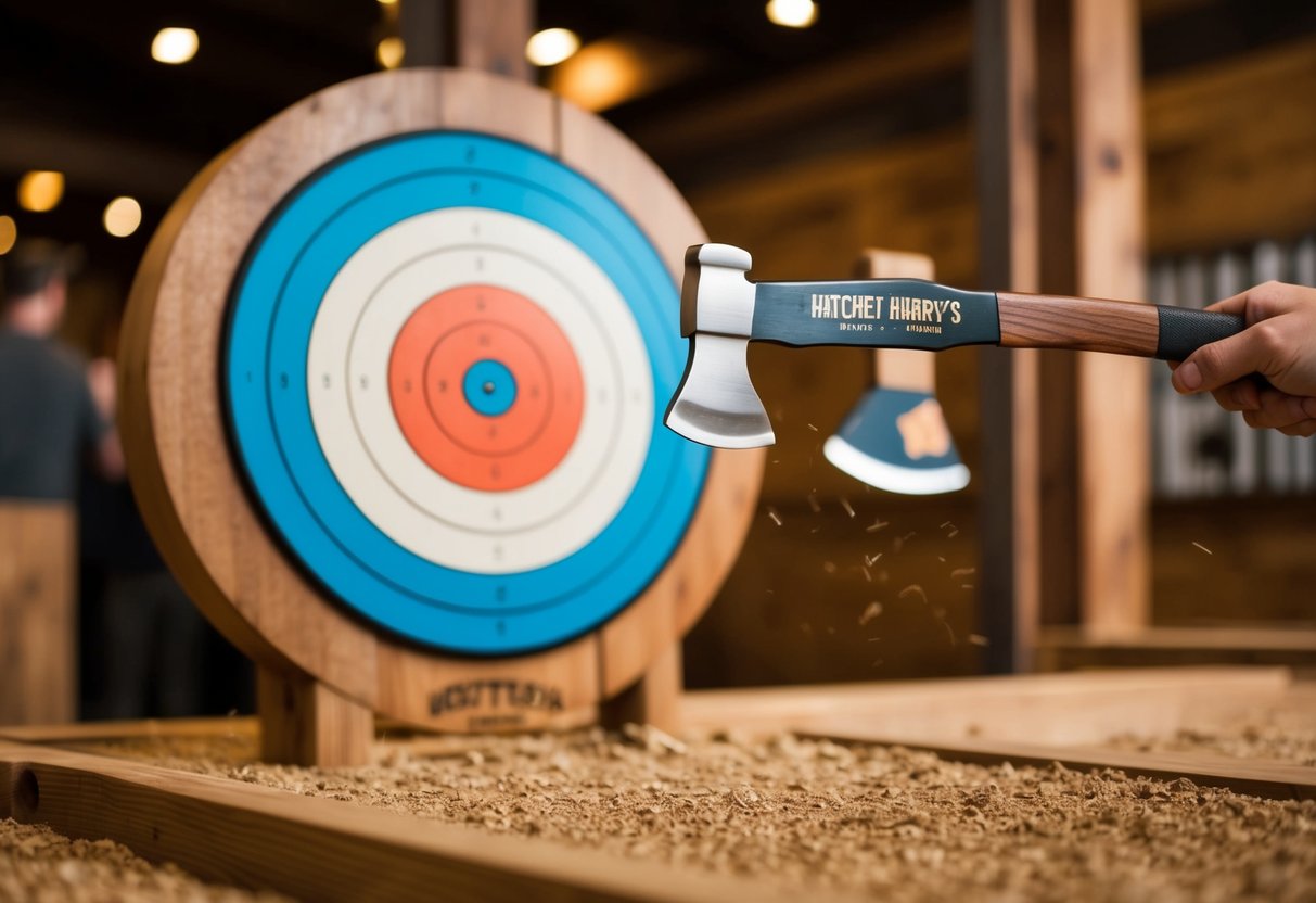Axe flying through the air towards a wooden target at Hatchet Harry's