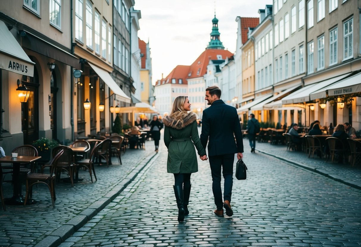A couple strolling along the cobblestone streets of Aarhus, passing by charming cafes and historic buildings under the soft glow of streetlights
