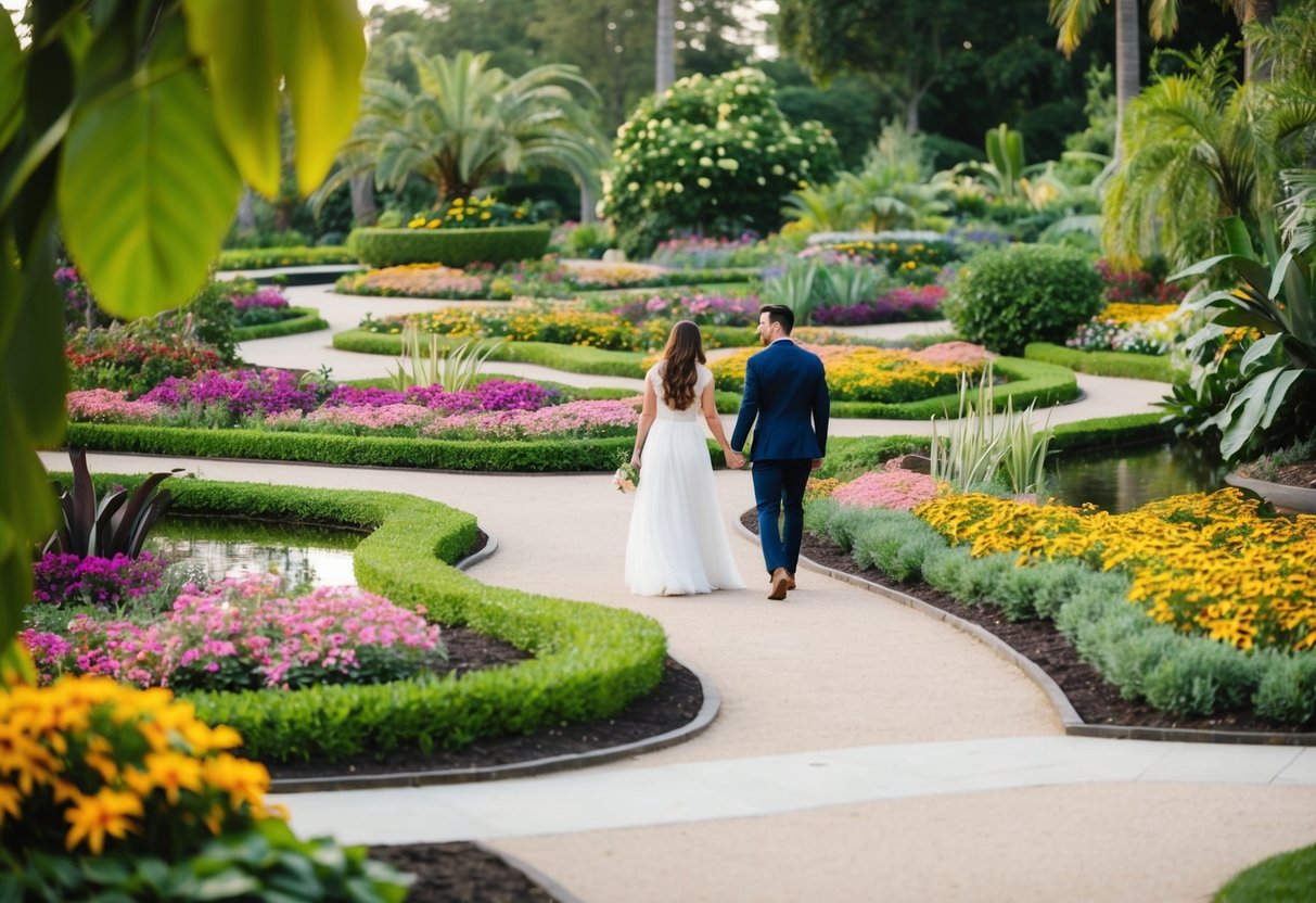 Lush botanical gardens with winding paths, colorful flowerbeds, and tranquil ponds. A couple strolls hand in hand, surrounded by the beauty of nature