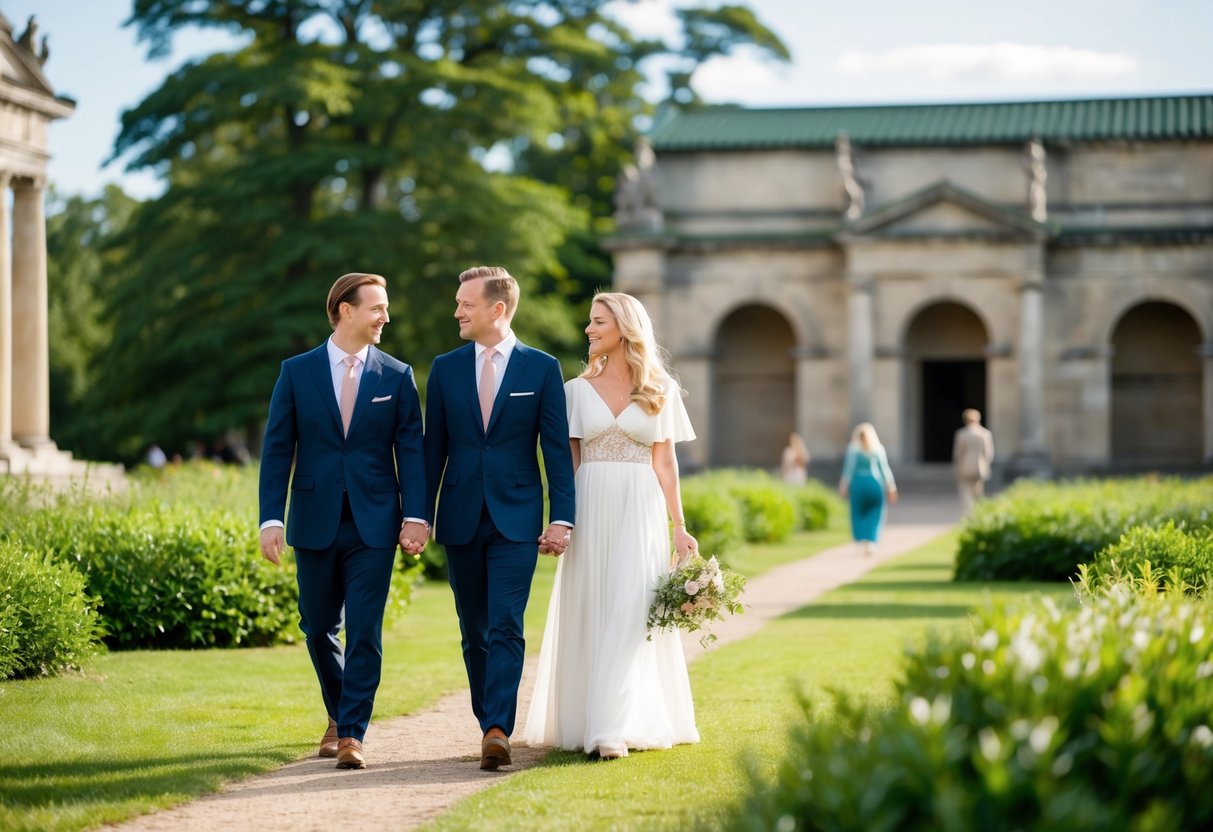 A couple strolling through the Moesgaard Museum's outdoor grounds, surrounded by lush greenery and ancient architecture