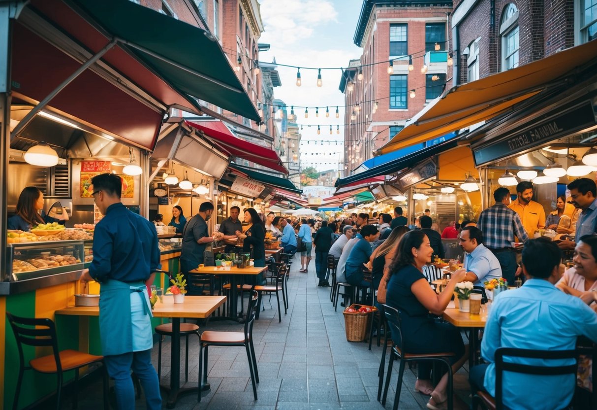 A bustling street food market with colorful food stalls and a lively atmosphere. Tables and chairs fill the outdoor space, with people enjoying a variety of international cuisines
