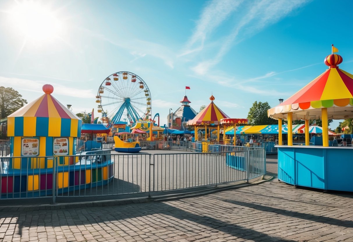 A colorful amusement park with rides, games, and food stands set against a bright, sunny sky in Aarhus